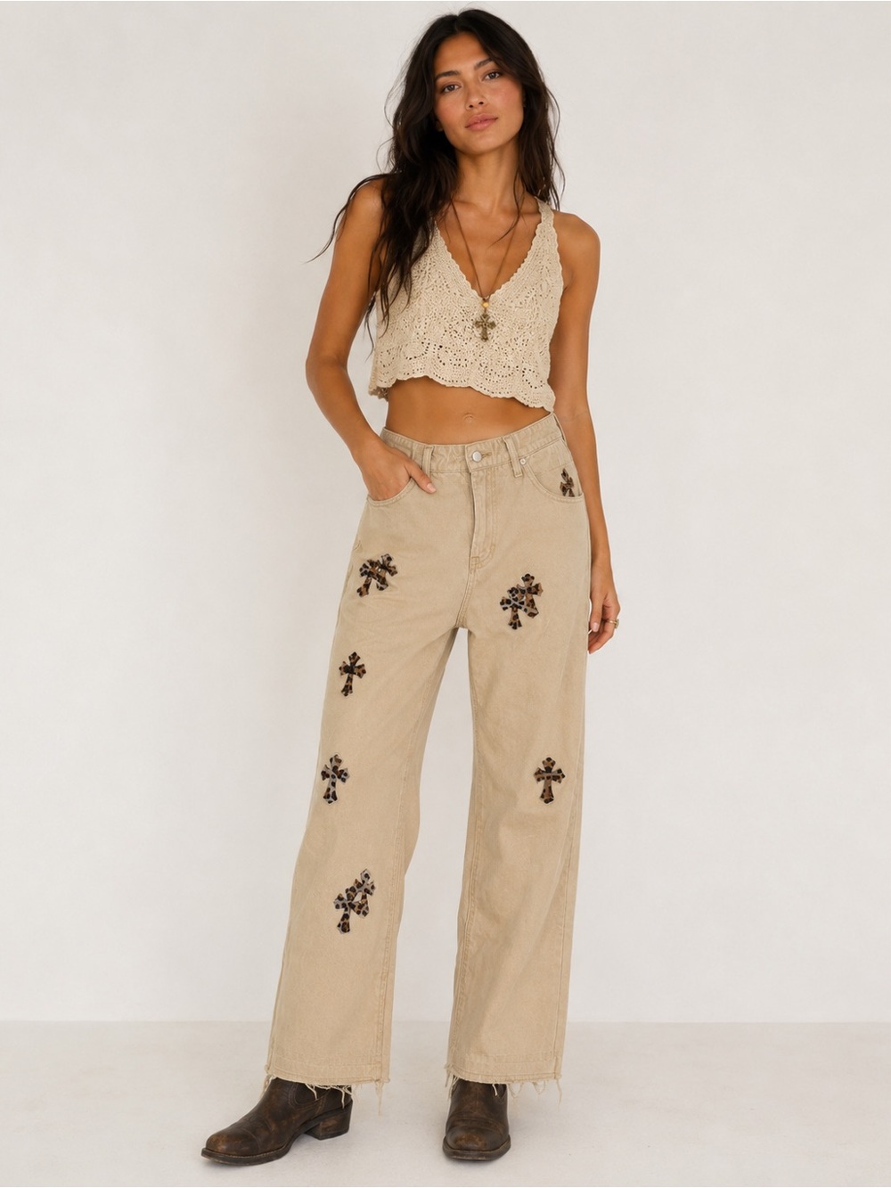 WomenLeopard Patchwork Jeans 36 X 29 Cream Brown Raw Hem Grunge Punk Streetwear